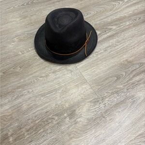 rag & bone Black Straw Fedora with Brown Strap